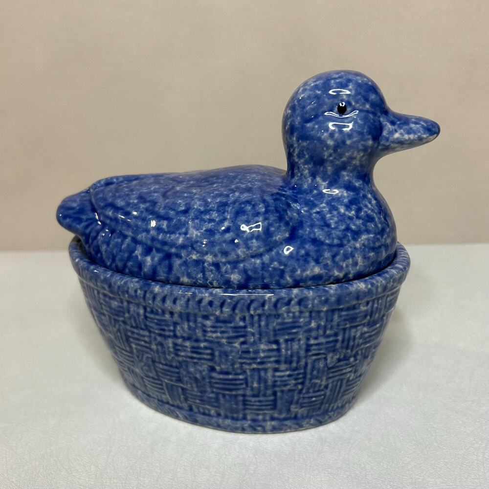 Vintage Blue Speckled Duck Butter Dish Farmhouse Decor